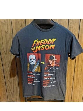 Freddy vs Jason Graphic Tee Video Game Style With Stats Small Black